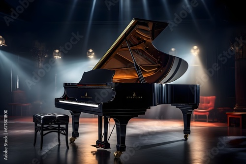 A grand piano bathed in soft stage lighting.
 photo