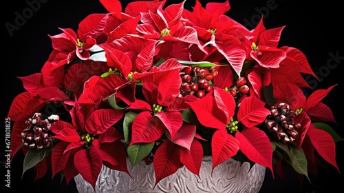 Poinsettia flowers Christmas background. Floral winter season decoration banner. Beautiful Xmas wallpaper. Merry Christmas and Happy New Year 2024 concept..