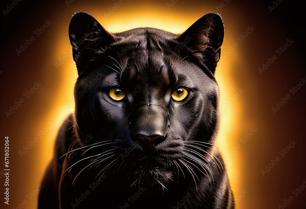 Black panther close up on golden background