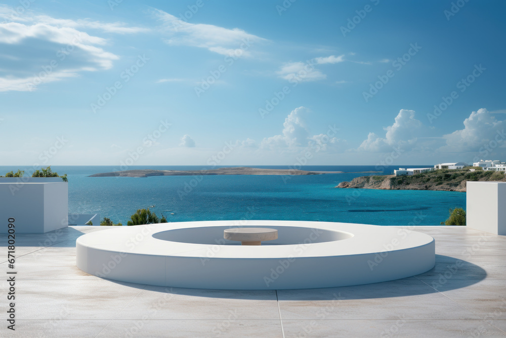 Shimmering white podium overlooking the serene ocean in the backdrop, capturing an elegant and tranquil atmosphere. Generative Ai.
