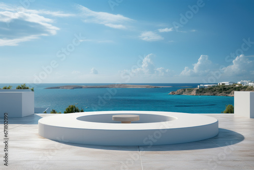 Shimmering white podium overlooking the serene ocean in the backdrop  capturing an elegant and tranquil atmosphere. Generative Ai.