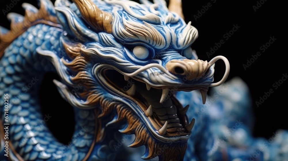 Blue wooden Chinese dragon statuette background. Navy Dragon's face of figurine. Happy Chinese new year 2024 Wallpaper concept..