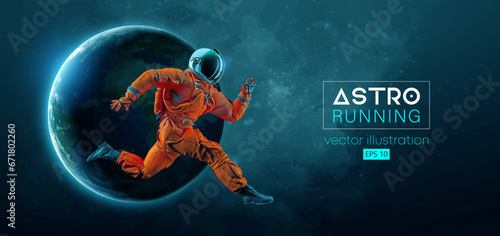 Abstract silhouette of a running athlete astronaut in space action and Earth, Mars, planets on the background of the space. Runner man are running sprint or marathon. Vector illustration