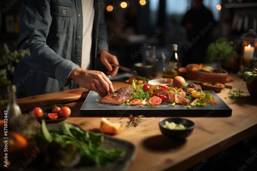 A contemporary food stylist artfully presenting a meal in a restaurant setting, highlighting the art of food presentation and service. Generative Ai.