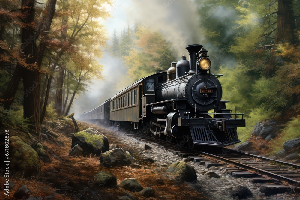 Fototapeta premium classic steam locomotive train watercolor clipart for backgrounds. A printable wallpaper background with an oil painting texture.