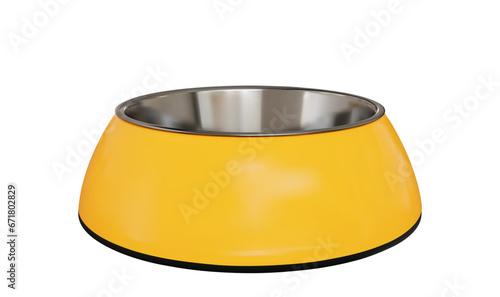 Realistic yellow glossy pet feeding bowl. 3d stock vector illustration on isolated background.