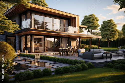 A modern, luxurious house exterior with a dining area and well-tended garden, showcasing contemporary architecture and outdoor living spaces. Generative Ai.