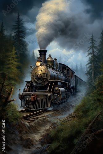 Clipart of a classic steam locomotive in watercolor for background use. Wallpaper background with a printable oil painting texture.