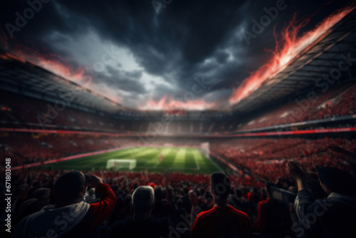 An inside view of a soccer stadium filled with enthusiastic fans and spectators celebrating. Generative Ai. © Sebastian