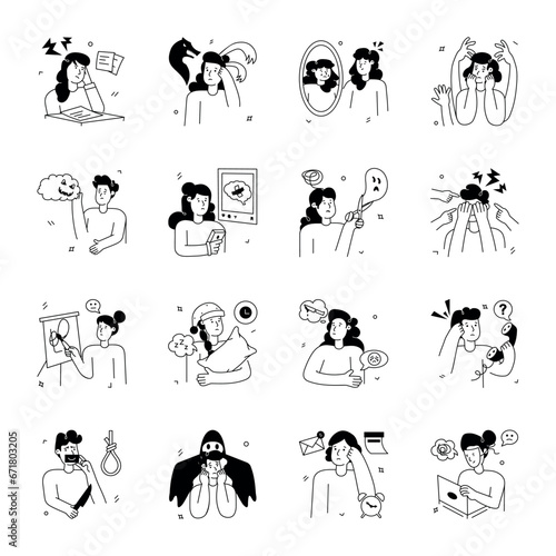 Pack of Glyph Style Anxiety Disorders Illustrations 

