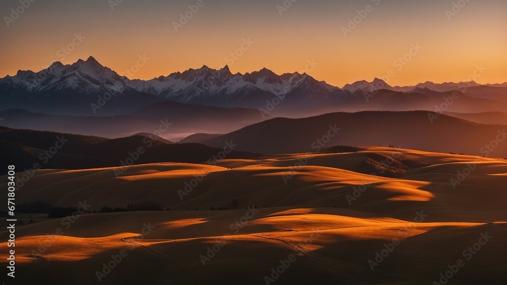 sunrise in the mountains _a beautiful landscape of sunset mountains. The image has a warm and peaceful atmosphere,  
