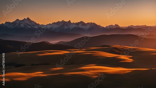 sunrise in the mountains _a beautiful landscape of sunset mountains. The image has a warm and peaceful atmosphere,   © Jared