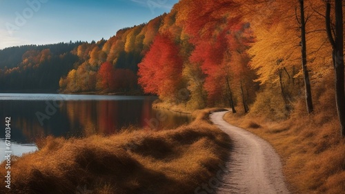 autumn in the mountains A scenic natural landscape of a path near a lake in autumn. The path is narrow and winding, © Jared
