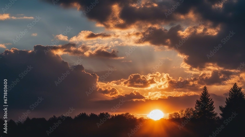 sunset in the mountains A sunrise dramatic blue sky with orange sun rays breaking through the clouds. Nature background.  