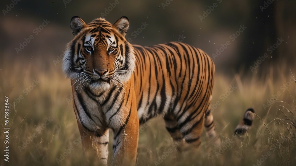 Fototapeta premium Bengal tiger walking an Indian tiger with wet fur standing in the grass after the first rain