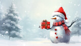 snowman holding a present with Christmas scarf and hat in a Christmas landscape.