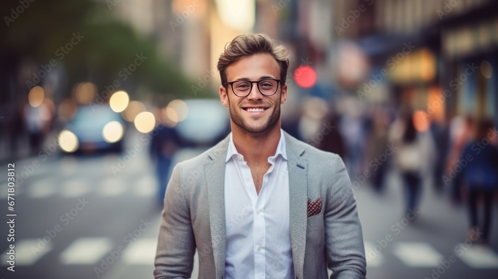 Fototapeta premium Handsome young businessman is walking on the street and smiling