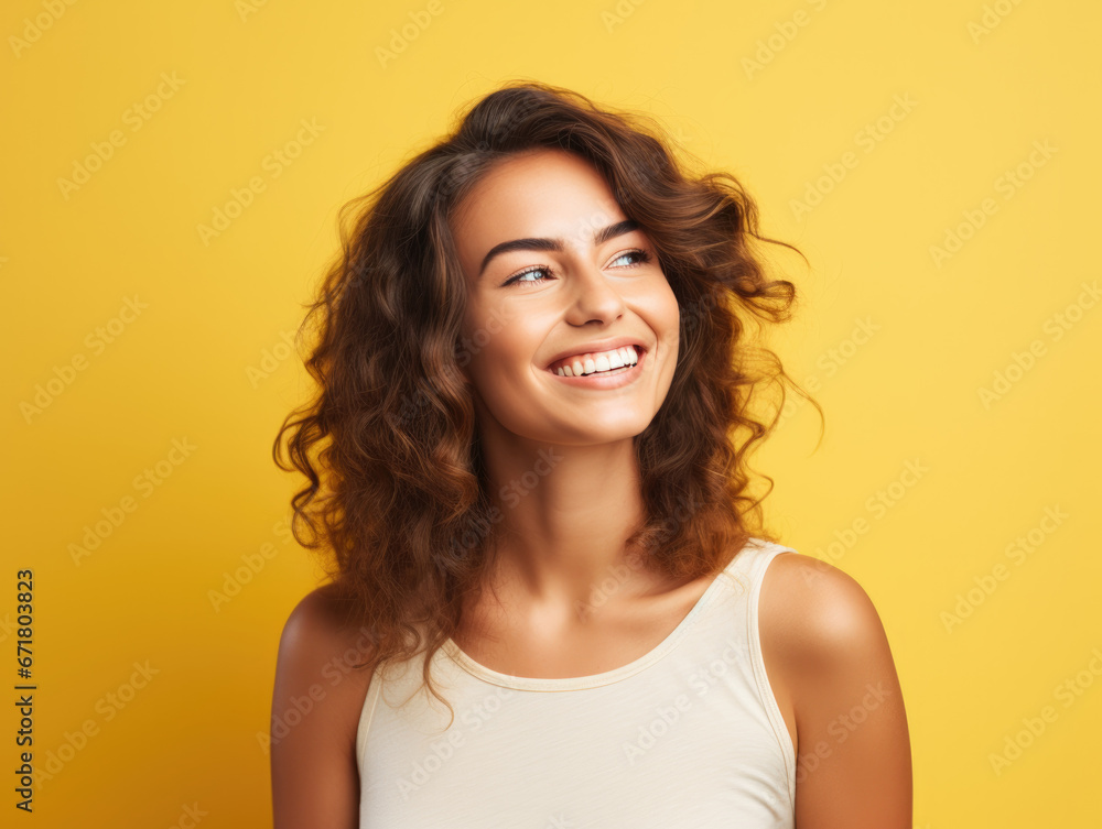 © Sebastien - Closeup photo portrait of a young european woman smiling. Isolated on yellow background. © Sebastien - Closeup photo portrait of a young european woman smiling. Isolated on yellow background.