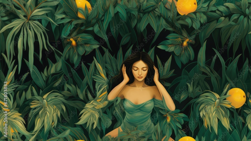 a painting of a woman in a green dress surrounded by leaves and lemons in a grove of lemon trees. generative ai a painting of a woman in a green dress surrounded by leaves and lemons in a grove of lemon trees. generative ai