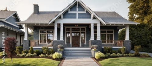 Craftsman style house with a porch in gray brick