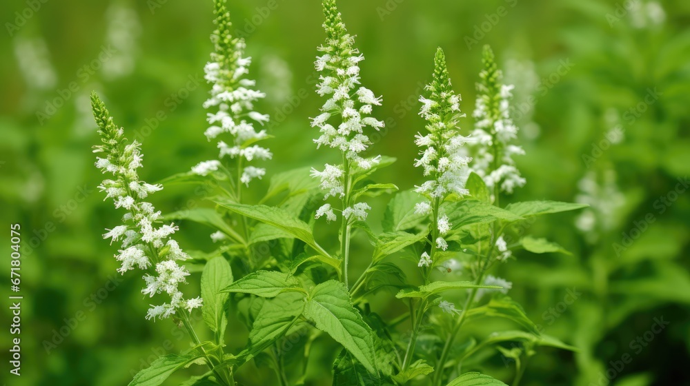 a close up of a plant with white flowers in the middle of a field with green grass in the background. generative ai a close up of a plant with white flowers in the middle of a field with green grass in the background. generative ai