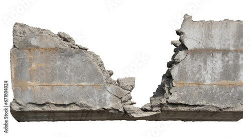Concrete wall is broken up into the pieces, ,isolated on a transparent background. PNG, cutout, or clipping path.	
