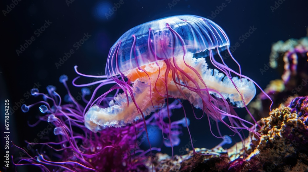 a close up of a jellyfish in an aquarium with purple and orange algaes on the bottom of it. generative ai a close up of a jellyfish in an aquarium with purple and orange algaes on the bottom of it. generative ai