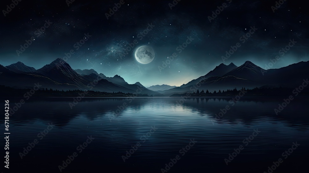 a night scene of a mountain lake with a full moon in the sky and a full ...