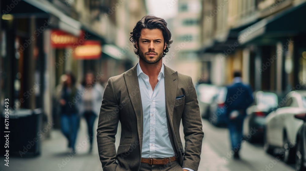 Handsome young businessman is walking on the street and smiling Handsome young businessman is walking on the street and smiling