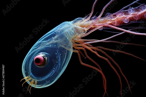 A close-up of a small sea animal with a red eye. Generative AI.