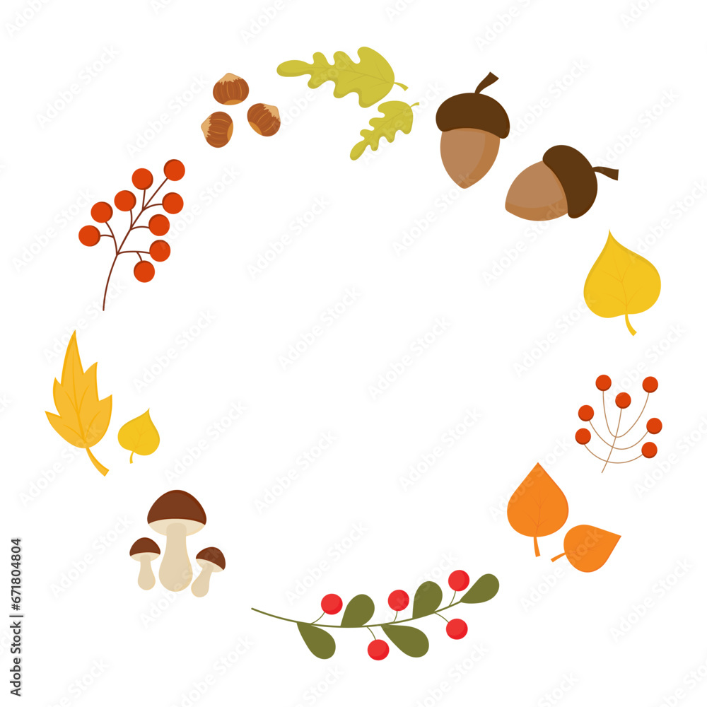 Vector autumn frame with leaves, berries, mushrooms. Fall decorations set. For cards, gift tags, labels, stickers. Vector autumn frame with leaves, berries, mushrooms. Fall decorations set. For cards, gift tags, labels, stickers.