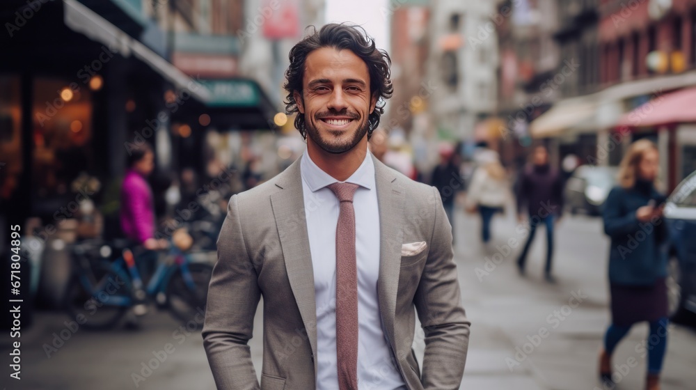 Handsome young businessman is walking on the street and smiling Handsome young businessman is walking on the street and smiling