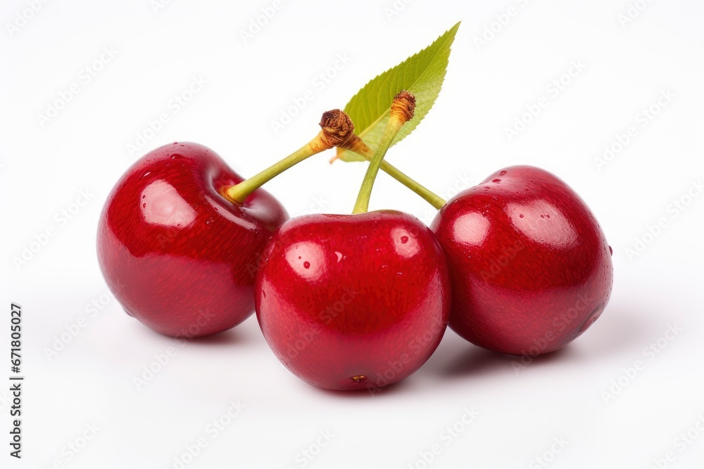 Three Ripe Cherries With a Fresh Green Leaf on a Clean White Background Created With Generative AI Technology