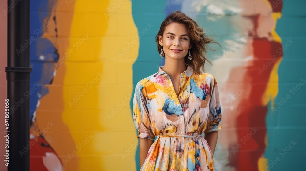 Beautiful confident woman with smile on her face wearing casual fashion midi dress and vibrant background Beautiful confident woman with smile on her face wearing casual fashion midi dress and vibrant background