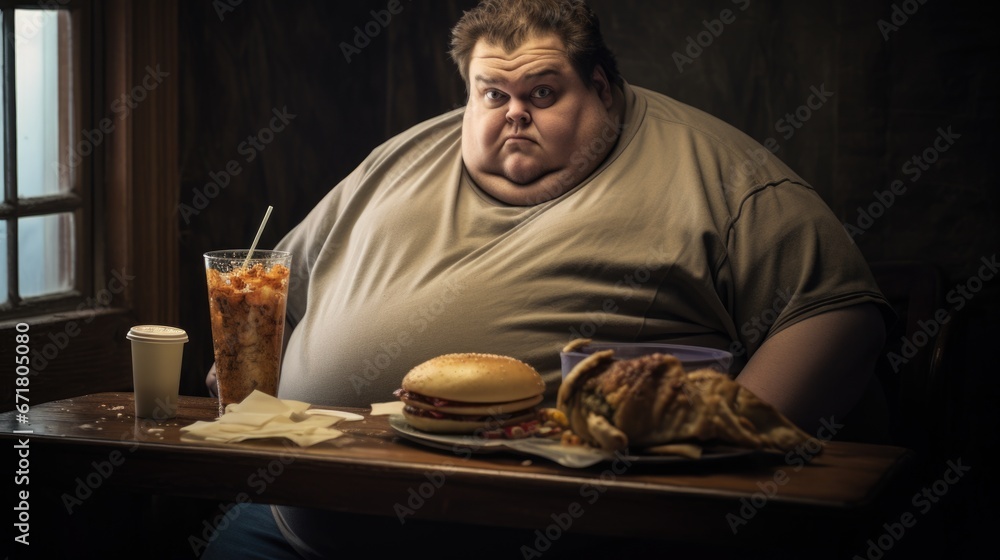 A fat man sitting at a table with a plate of food and a drink. Generative AI. A fat man sitting at a table with a plate of food and a drink. Generative AI.