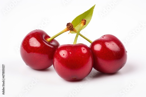 Three Ripe Cherries With a Fresh Green Leaf on a Clean White Background Created With Generative AI Technology