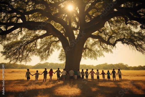 A group of kids holding hands under a tree. Generative AI.