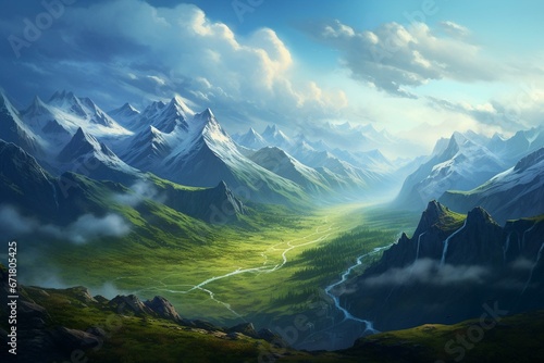 A scenic view of majestic mountains and vast landscapes. Generative AI