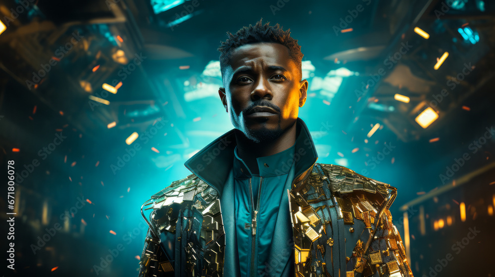 Royalty in the Future: Stylish Man in Light Gold and Teal, Money-Themed Cyberpunk