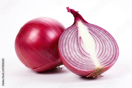 An Onion and a Sliced Onion on a Clean White Surface Created With Generative AI Technology