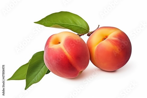 Two Ripe Peaches with Vibrant Leaves on a Clean White Background Created With Generative AI Technology