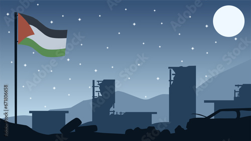 Palestine city landscape vector illustration. Silhouette of destroy buildings at night with palestine flag. Landscape illustration of palestine for background or wallpaper