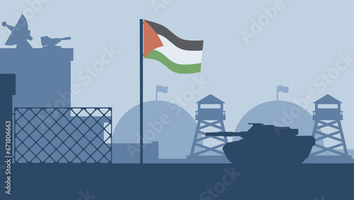 Palestine military base landscape vector illustration. Silhouette of military base with tank and palestine flag. Palestine illustration for background, wallpaper, issue and conflict