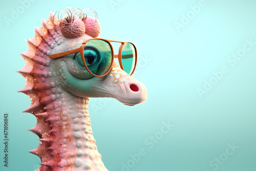Creative animal concept. Seahorse in sunglass shade glasses isolated on solid pastel background, commercial, editorial advertisement, surreal surrealism.	 photo