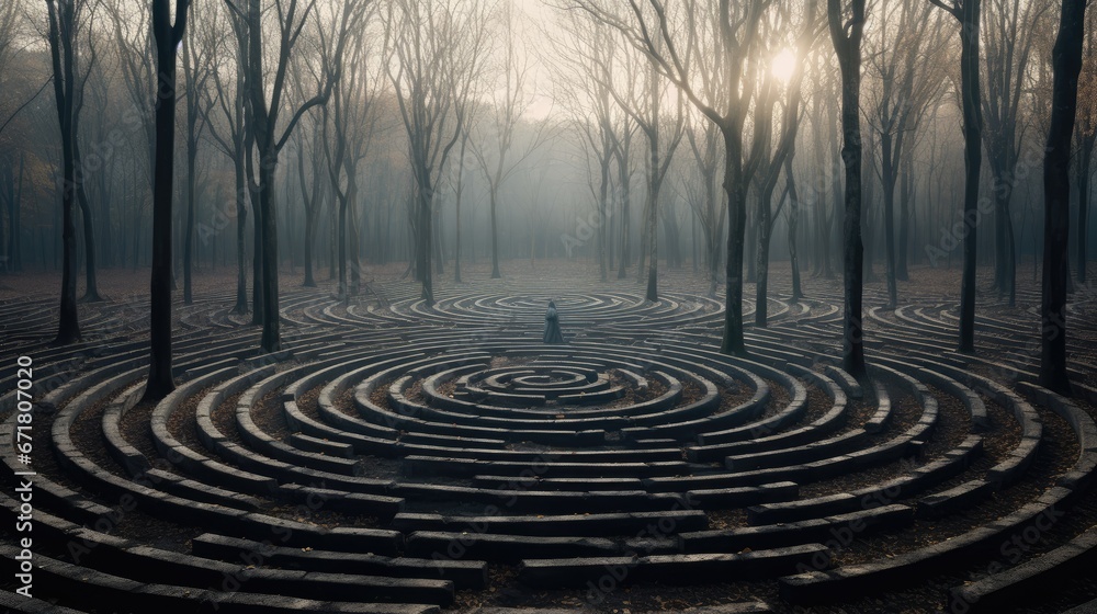 a person standing in the middle of a circular maze in the middle of a forest on a foggy day. generative ai a person standing in the middle of a circular maze in the middle of a forest on a foggy day. generative ai