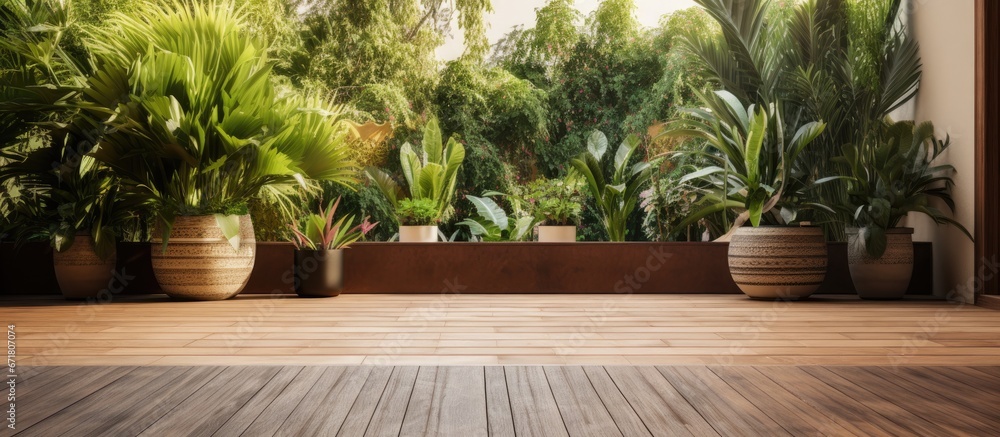 Charming villa terrace adorned with plants and wooden floor - obrazy, fototapety, plakaty 