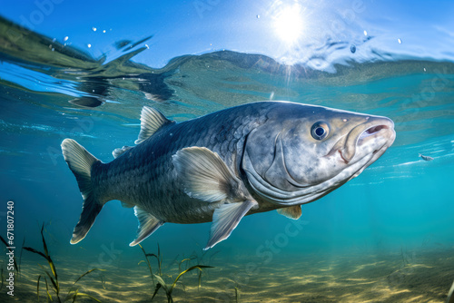 Blue catfish navigating the depths of a serene freshwater lake