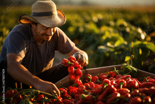 Worker and a basket full of freshly harvested peppers