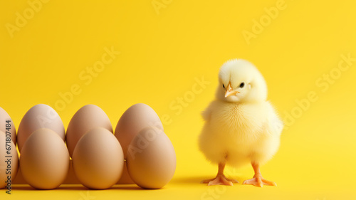 Small Chicken with Eggs on Yellow Background