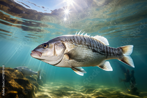 Bass fish lurks beneath the water's surface, ready to strike